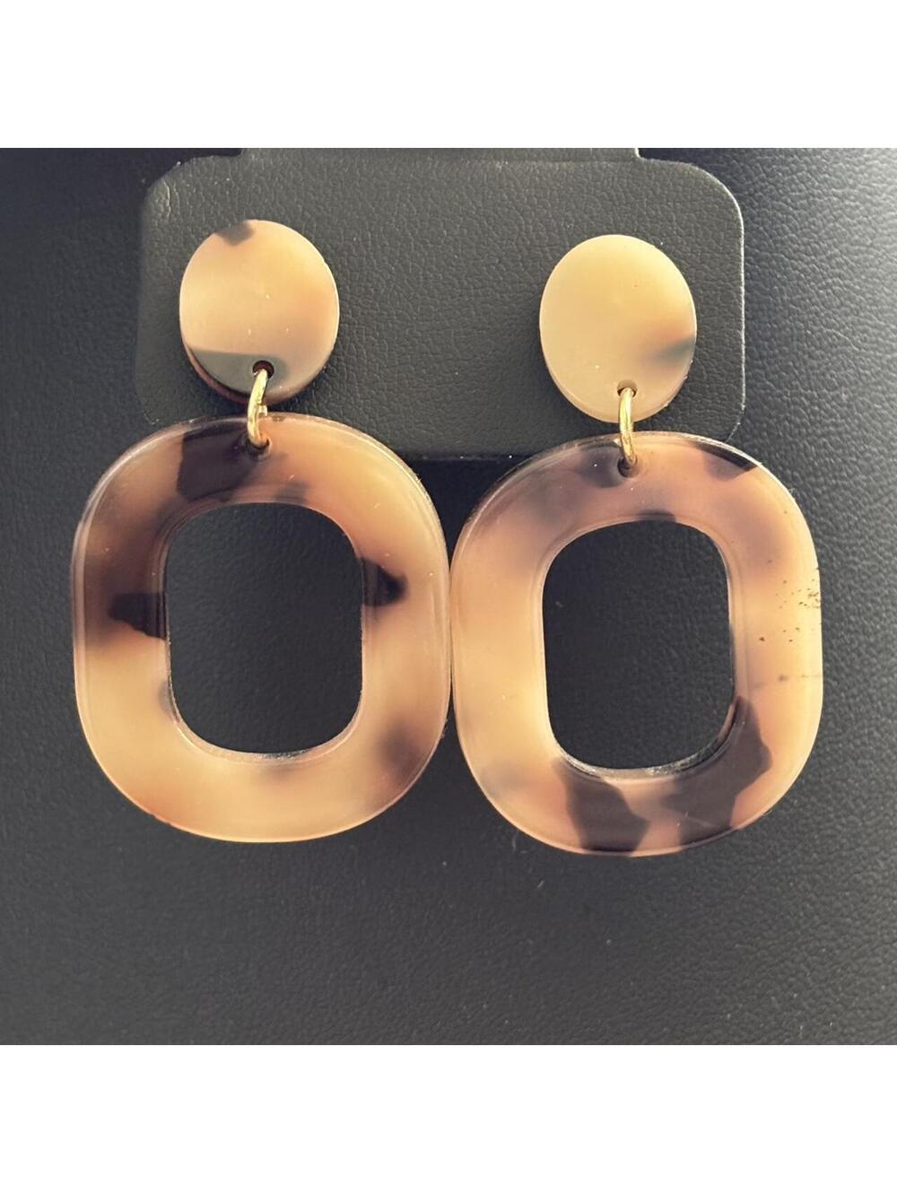 Brown and Black Resin Oval Torto Shell Drop Earrings